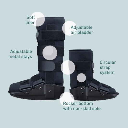 Black air walker boot with adjustable straps and rocker sole, non-skid tread.