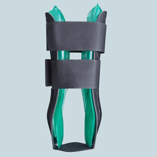 Black ankle stirrup brace with teal support panels, open front view