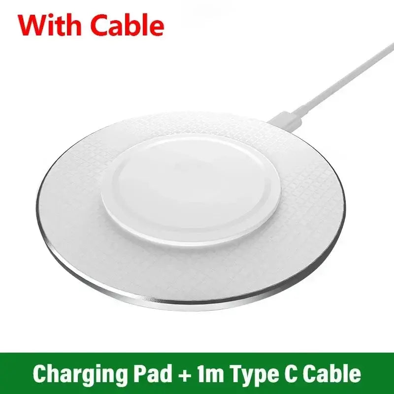 White wireless charging pad with built-in disc top and 1m Type-C charging cable.