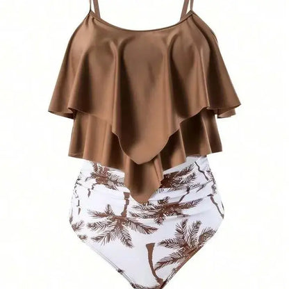 Women’s bronze ruffle tankini top with white palm-print high-waist bikini bottoms