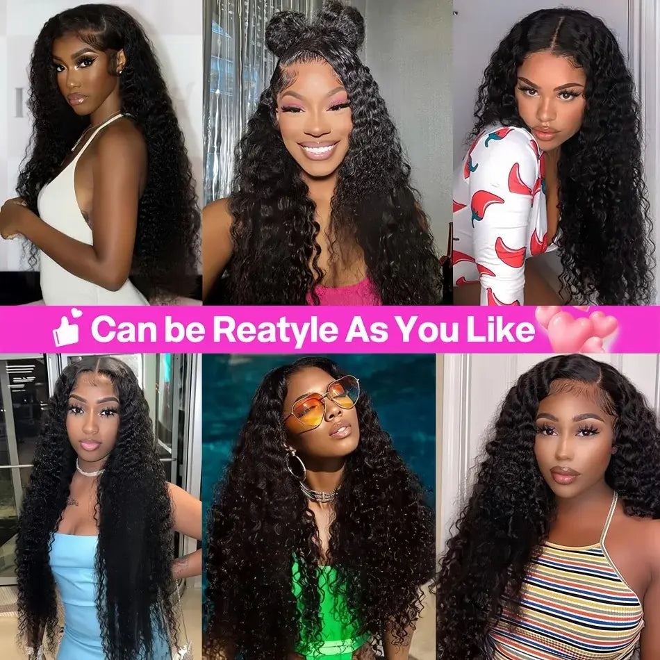 Curly black lace front wig on model, deep wave hair with natural-looking hairline