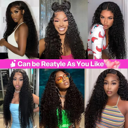 Curly black lace front wig on model, deep wave hair with natural-looking hairline