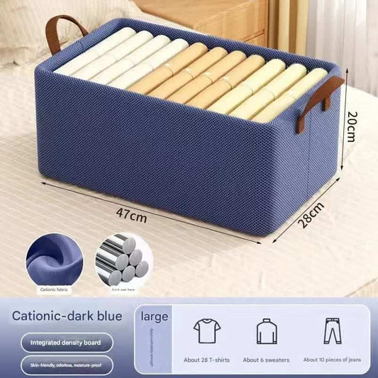 Blue foldable fabric storage bin with steel frame and carry handles, open top