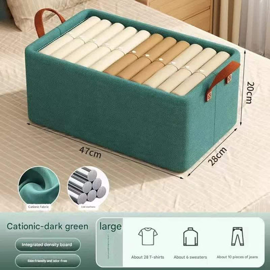 Foldable green fabric storage bin with steel frame and carrying handles, large size