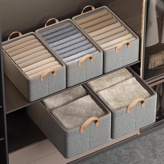 Stackable foldable fabric storage bins with tan handles, open closet organizer