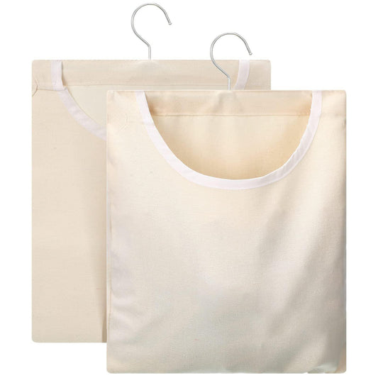 Beige canvas clothespin hanging bags with hanging loops, two-pack