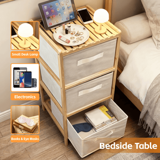 Bamboo storage cabinet with three fabric drawers and open storage bin