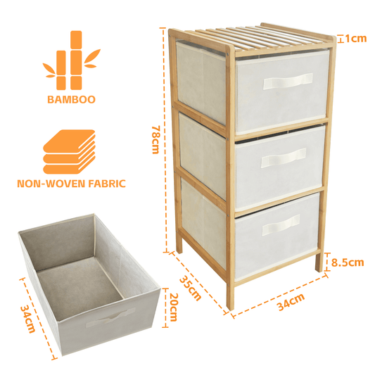 Bamboo storage cabinet with three fabric drawers and an open storage bin