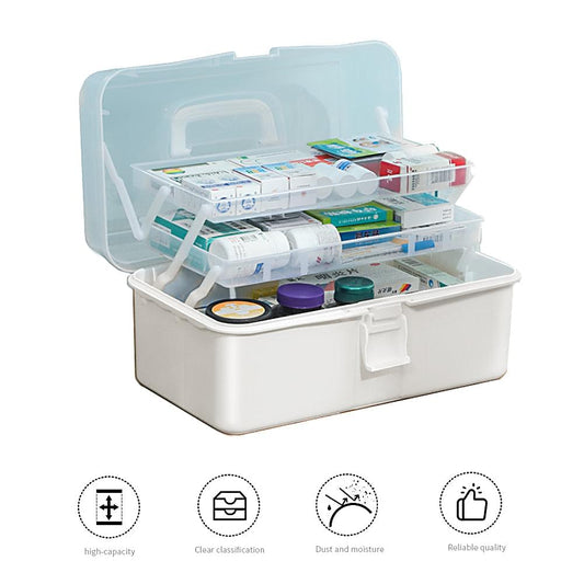 White three-layer first aid kit with open lid and divided storage trays