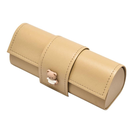 Light tan PU leather glasses case roll-up with bear patch on front strap