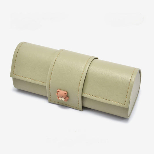 Light green PU leather glasses case with bear charm and snap flap