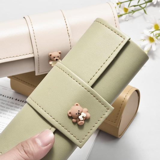 Light green PU leather glasses case with bear charm and snap tab closure