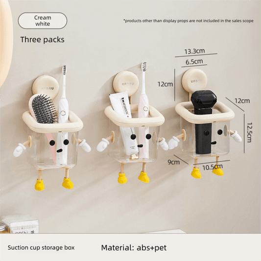 Cream white wall suction toothbrush holder caddy set with clear cups