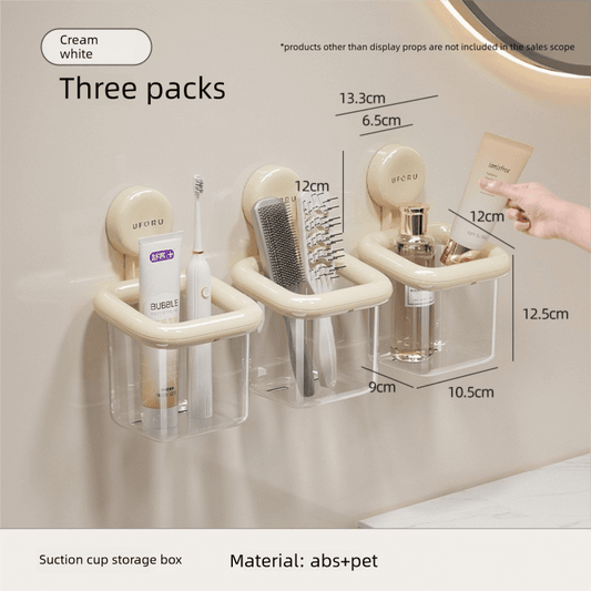 Cream white 3-pack wall mounted suction organizers with clear drainage cups