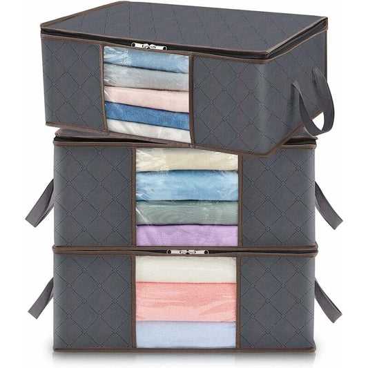 Dark gray quilted underbed storage box with clear window and side handles