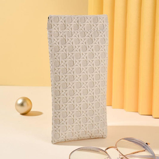 Beige woven texture eyeglass case pouch, vertical zippered design