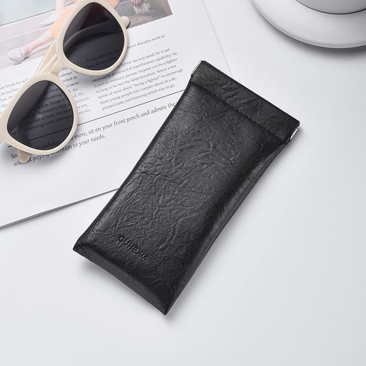 Black retro-texture PU eyeglass case pouch, rectangular with textured surface.