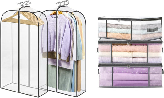 Clear hanging garment storage bags with zipper lids and metal hanger frames