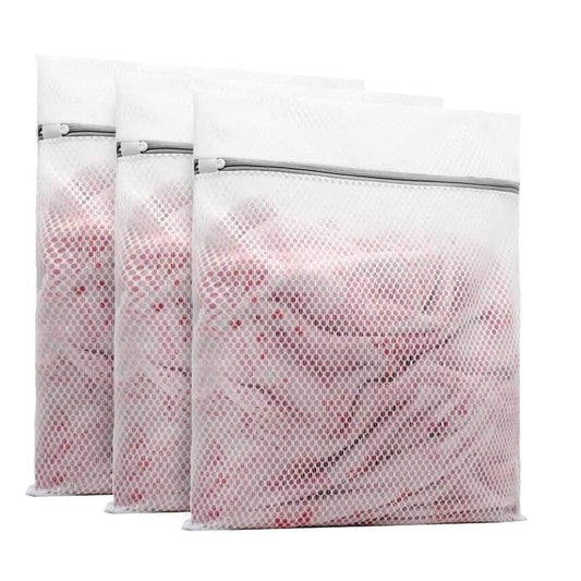3-pack rectangular mesh laundry bags with zippers, white with light pink tint
