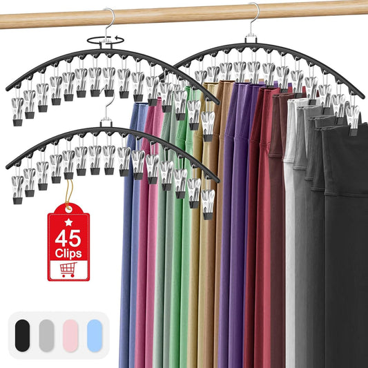 3 pack legging organizer with black curved hangers and clips, holding pants in rows.