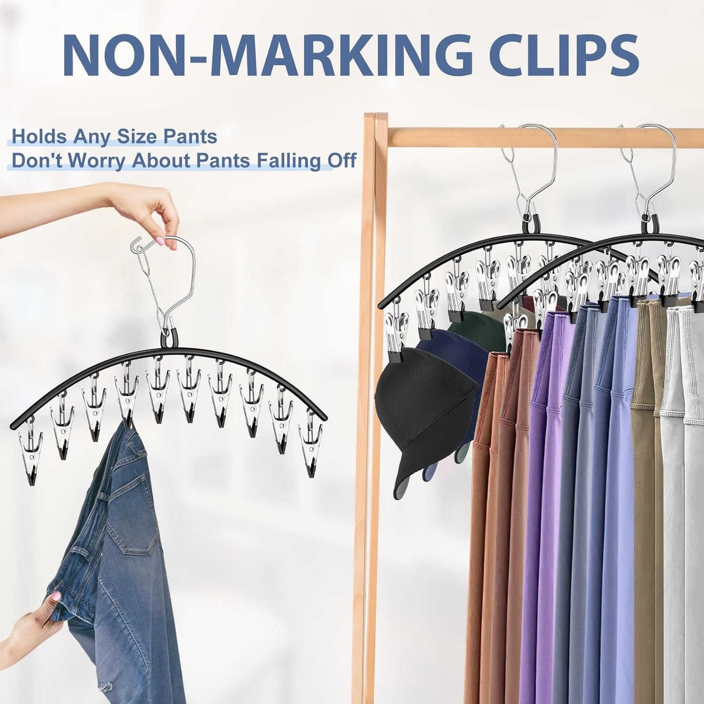 3 Pack Skirt Pants Hangers with Clips, Legging Organizer for Closet Hanging with 10 Cilps Holds 30 Leggings/Shorts/Jeans/Skirts Pants Hangers Space Saving Closet Organizers and Storage, Black