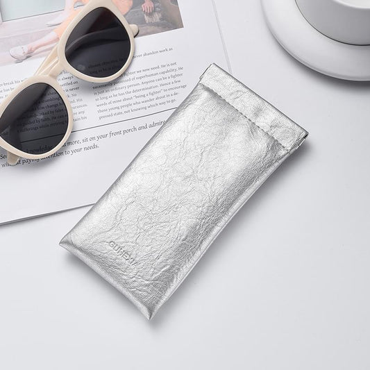 Silver PU leather textured eyeglass pouch, rectangular with folded top edge