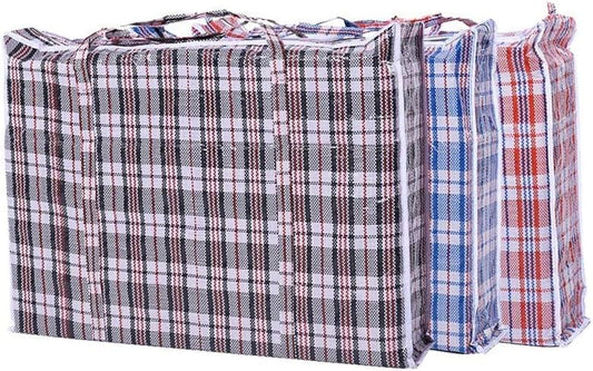 Plaid storage bag with gray, red, and blue check pattern and zipper closure