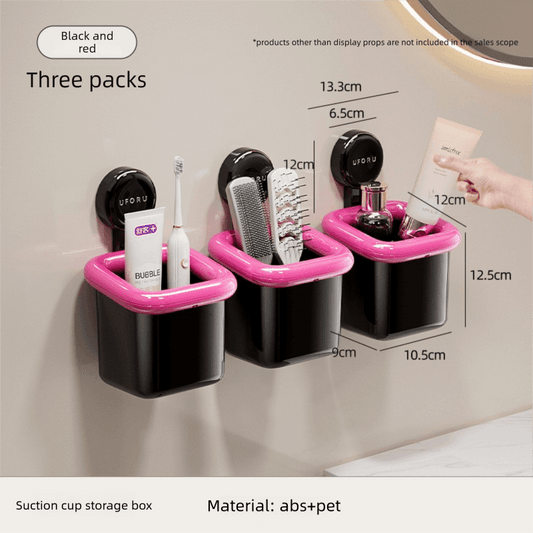 Suction cup bathroom organizer set of three black and pink toothbrush holders with drainage