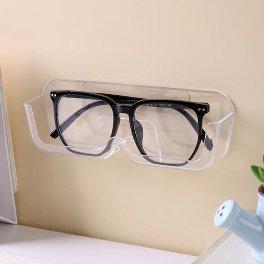 Wall-mounted clear glasses organizer with black eyeglasses in PET shelf