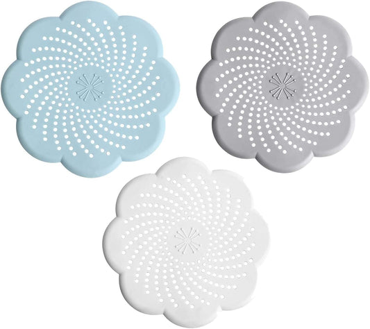 Flower-shaped silicone shower drain covers, three-pack, with perforated hair-catching holes