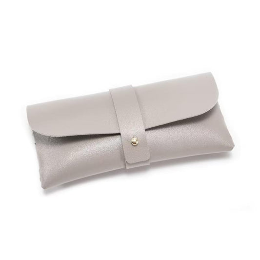 Light gray PU eyeglass case pouch with flap and snap strap
