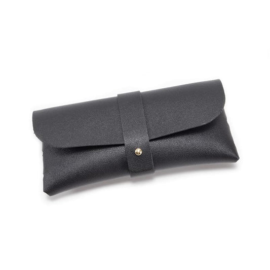 Dark PU leather eyeglass case pouch with fold-over flap and center strap clasp