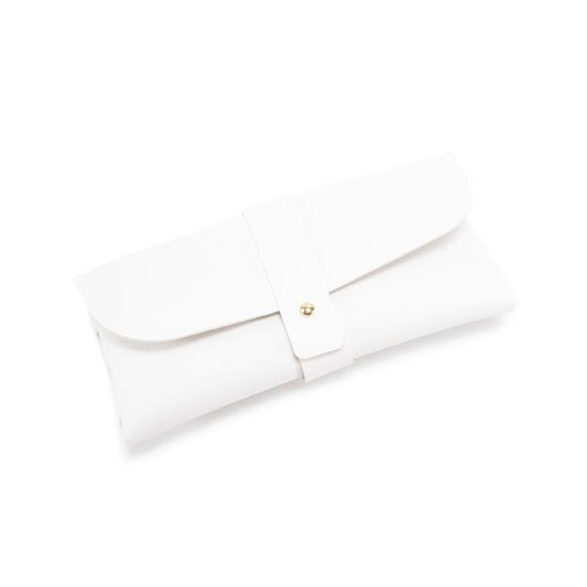 White PU eyeglass case with curved flap and snap button strap