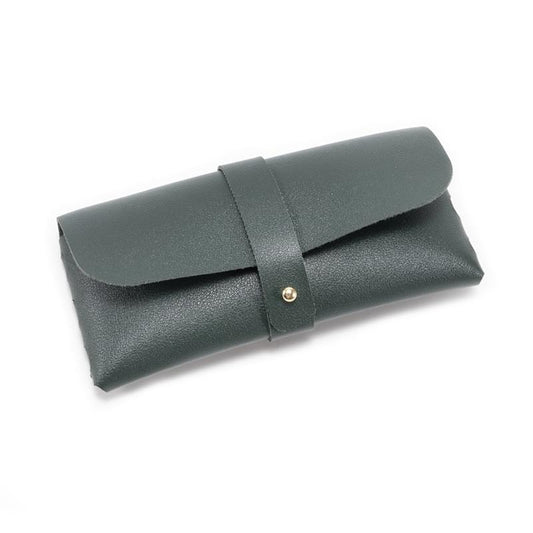 Dark green PU eyeglass case pouch with snap flap and front strap