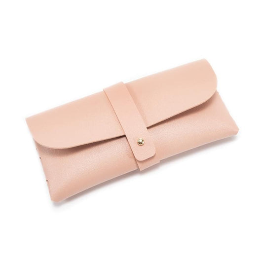 Pink PU leather eyeglass case with flap and snap buckle closure, folded design