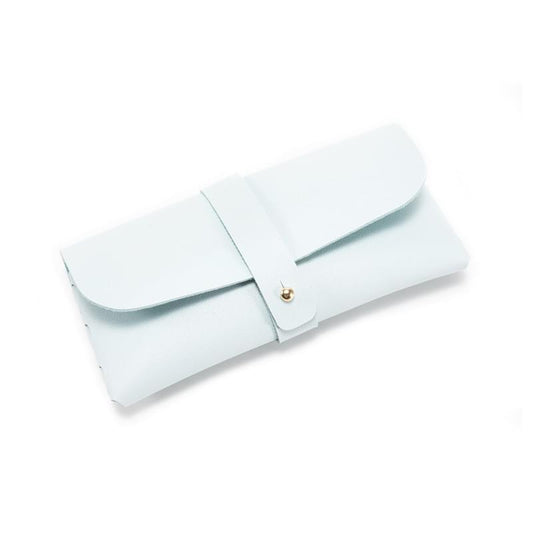 Light blue PU eyeglass case with flap and snap strap, soft fold-over pouch