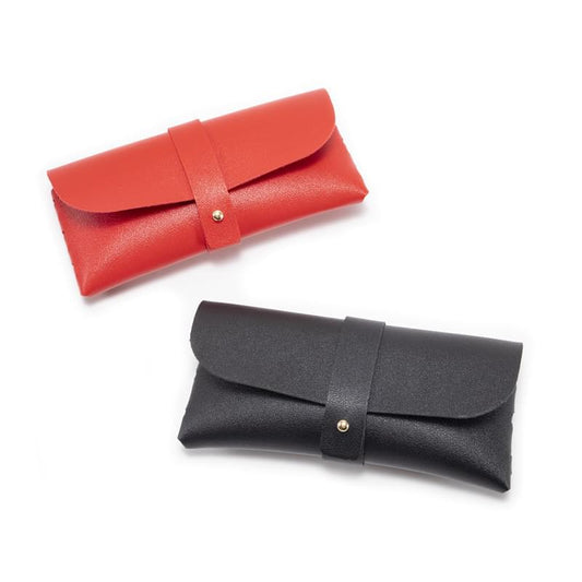 Red and dark gray PU eyeglass cases with flap and snap strap, soft fold-over pouches