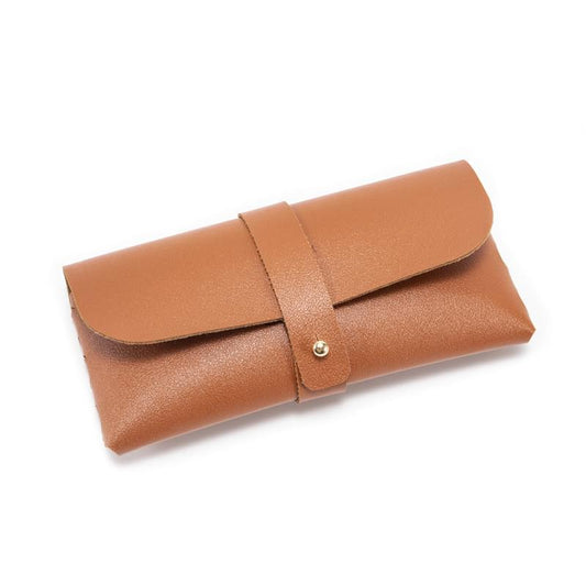 Brown PU leather eyeglass case pouch with flap and snap button strap
