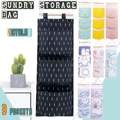 3 Pocket Hanging Storage Bag with Wooden Rod for Wall or Door Organisation - Bear