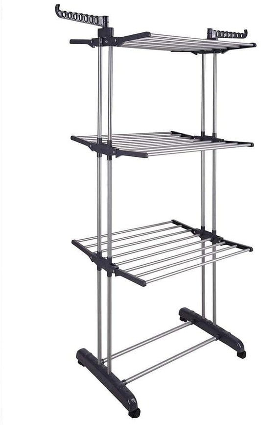 3-tier foldable drying rack with hanging rail and three wire drying shelves, on casters