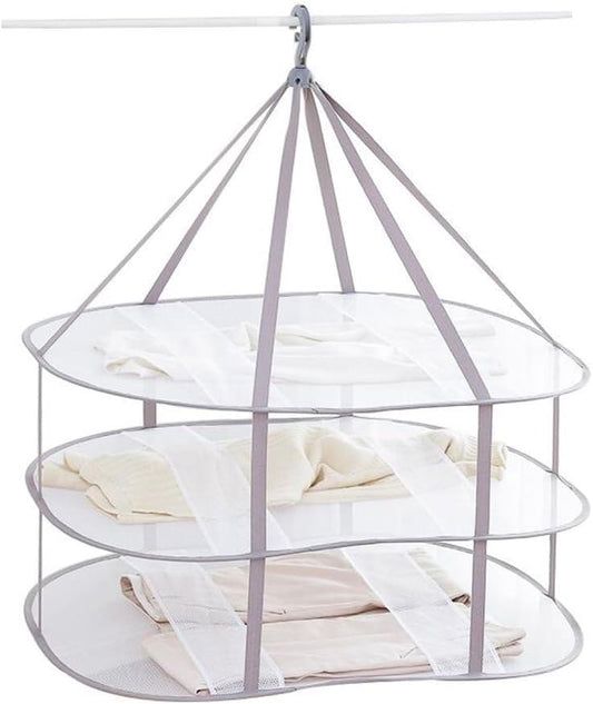 3-tier folding clothes drying rack with three circular shelves and overhead hanging frame