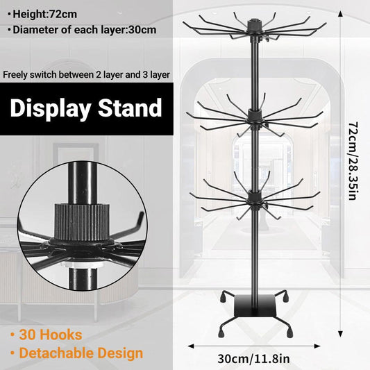 3-tier rotating sock rack stand with 30 hanging hooks, dark metal pole and base
