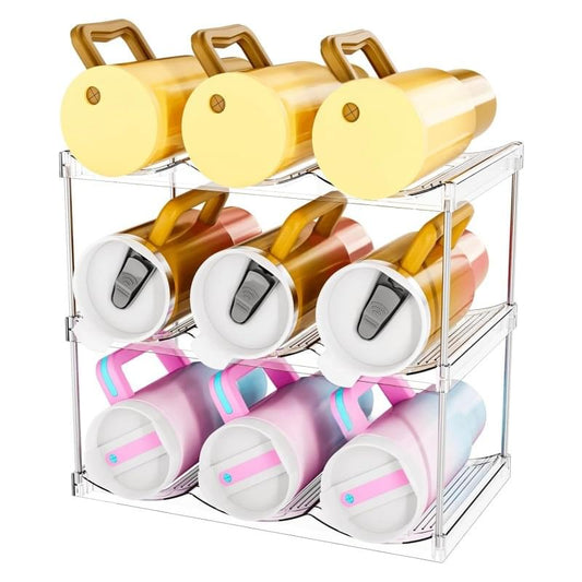 3-tier clear cup and wine organizer rack with detachable tumbler cups in tan