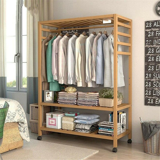 Rolling 3-tier wooden garment rack with side hooks and stacked shelves for folded clothes