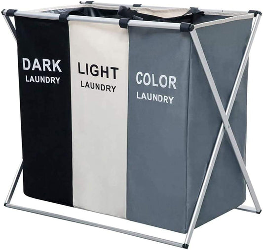 3-compartment folding laundry hamper with waterproof bags and aluminum frame, dark/light/color