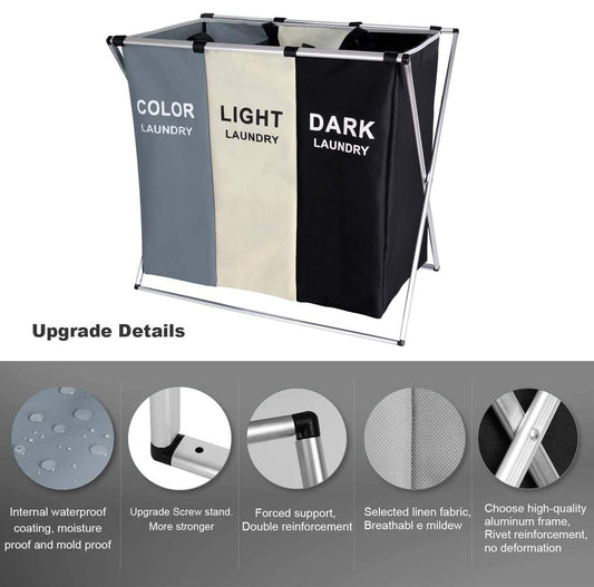 3-compartment laundry hamper with waterproof bags and aluminum frame, color/light/dark labels