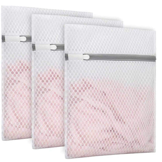 3-pack small mesh laundry bags with white zipper tabs, square design