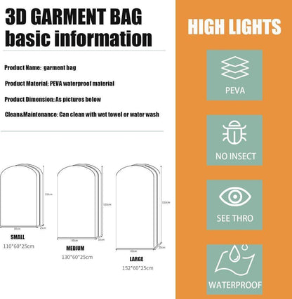 3-pack Transparent PEVA Clothes Cover with Zipper, Dustproof Garment Storage Bag for Wardrobe, 60 x 25 x 110cm
