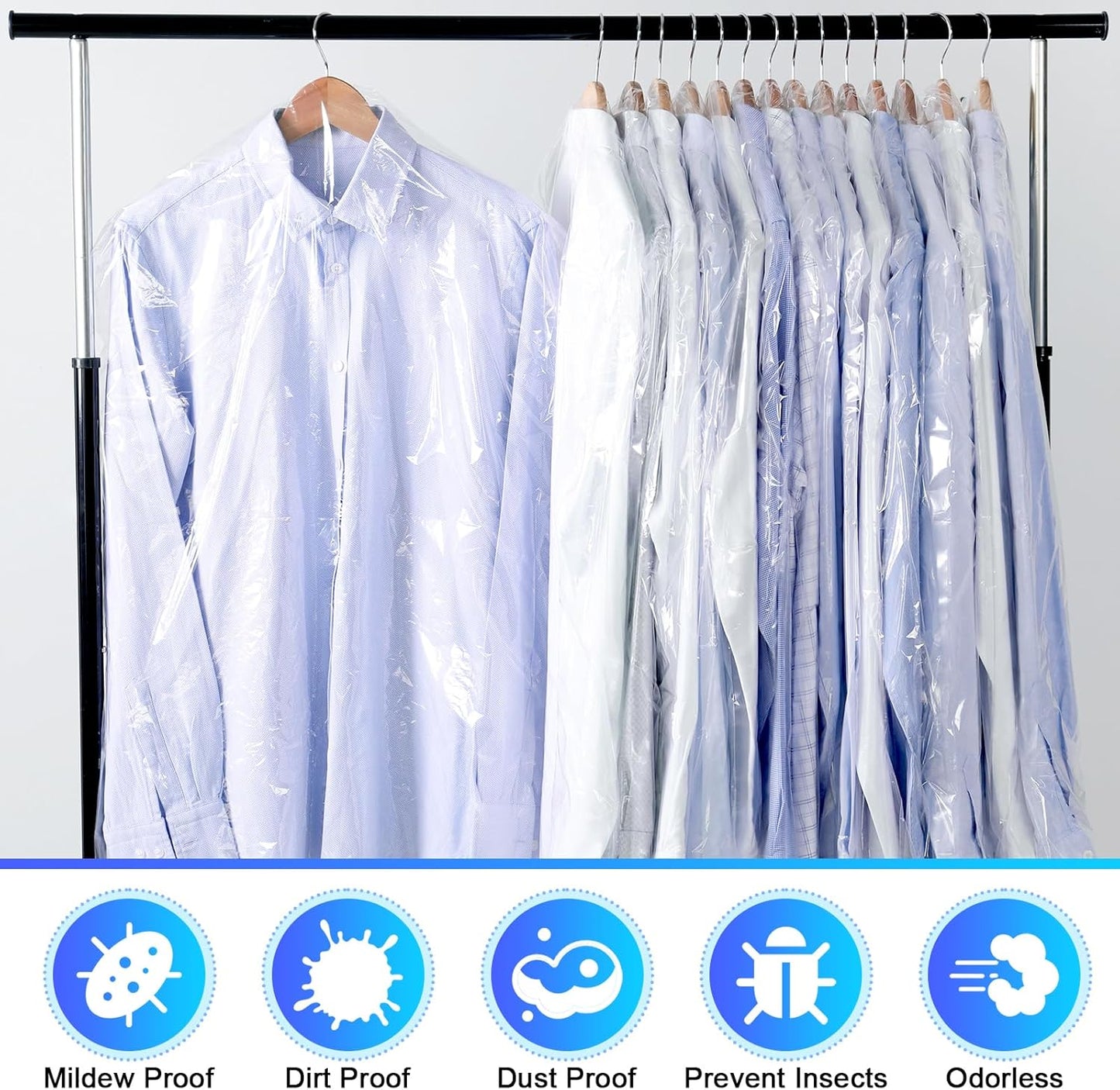 30 Pack Clear Garment Bags, 23.6 x 59.1 Inch Plastic Garment Bags Dustproof, Long Clothes Covers, Waterproof Suit Cover Bag, Moth Proof Coat Bag for Shirts Gowns Dresses