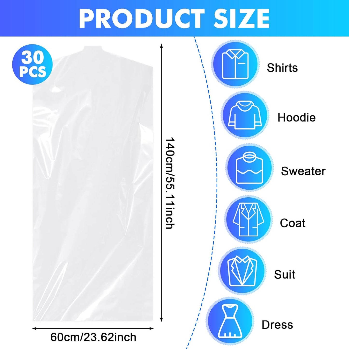 30 Pack Clear Garment Bags, 23.6 x 59.1 Inch Plastic Garment Bags Dustproof, Long Clothes Covers, Waterproof Suit Cover Bag, Moth Proof Coat Bag for Shirts Gowns Dresses